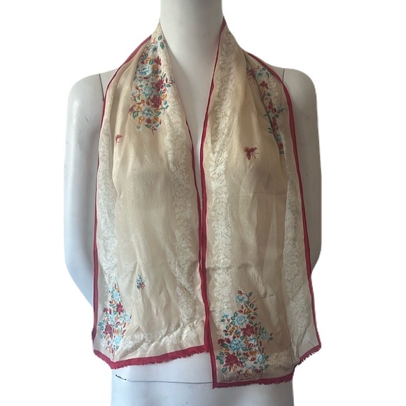 Oscar de la renta Silk butterfly FloralScarf with Red Trim vintage